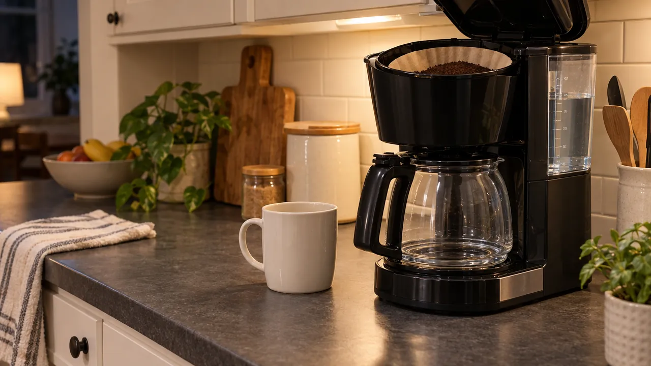 An empty cup stands beside a coffee maker filled with water and ground coffee; its glass carafe is empty.