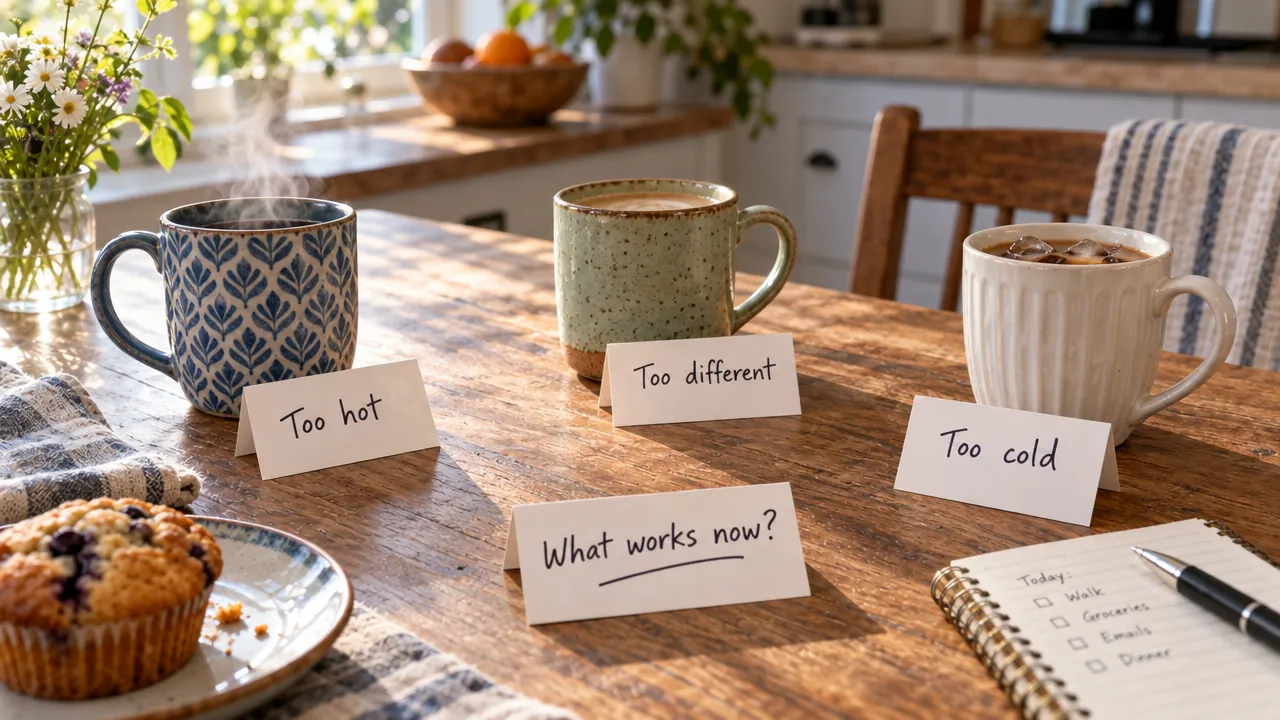 Three mugs on a kitchen table sit beside cards marked ‘Too cold’, ‘Too hot’ and ‘Too different’.