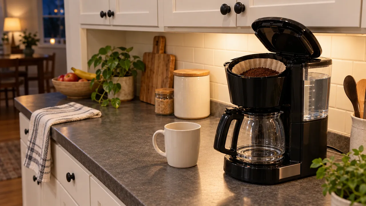 An empty cup sits beside a coffee maker prepared with water and ground coffee.