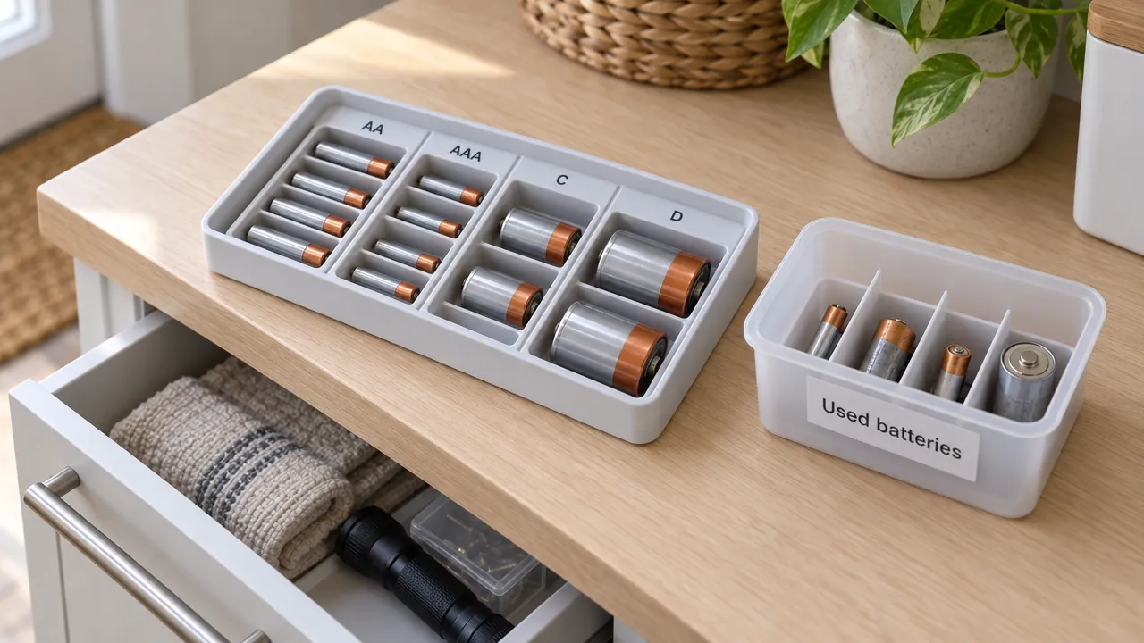 A battery caddy holds AA, AAA, C and D batteries in separate slots beside a divided container labelled for used batteries.