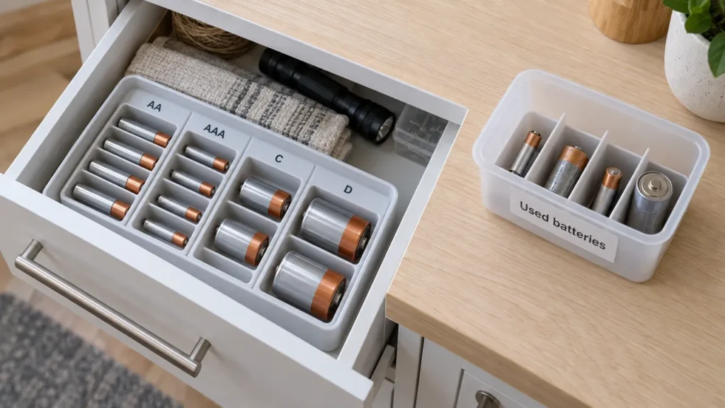 AA, AAA, C and D batteries in individual organiser slots beside a labelled container with separate slots for used batteries.