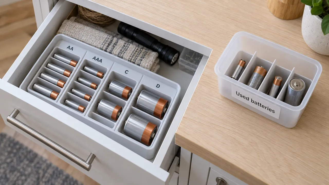 AA, AAA, C and D batteries in individual organiser slots beside a labelled container with separate slots for used batteries.