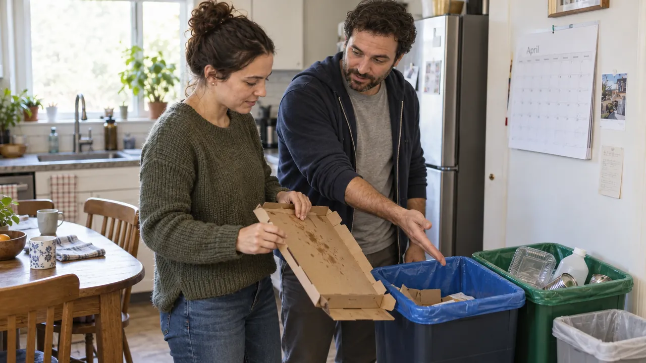 One adult points out where recycling belongs while another continues sorting it in the kitchen.