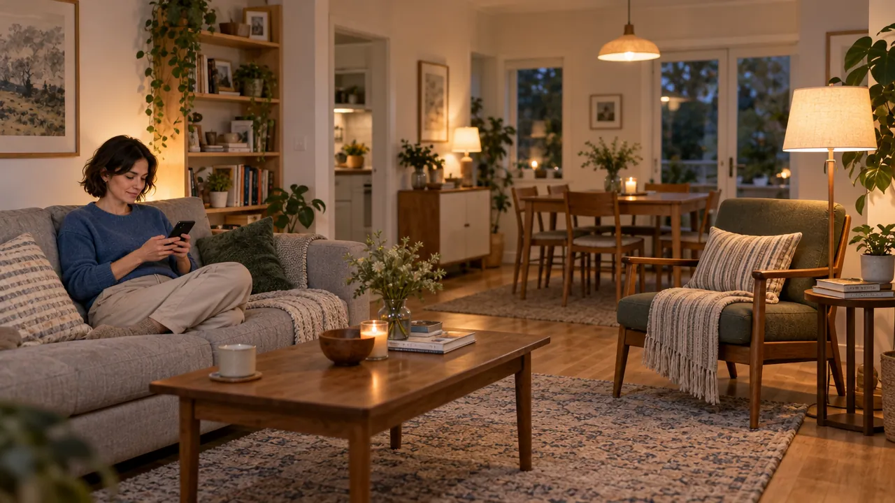 A woman sits on the sofa with her phone beside an unused reading nook.