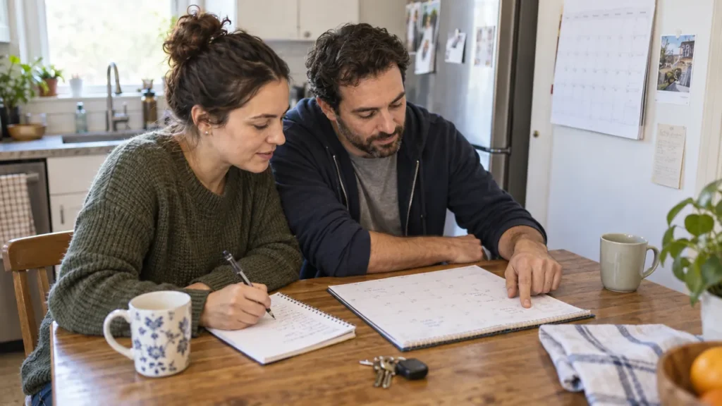 Two adults review a household calendar and list together at a kitchen table.