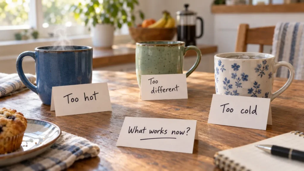 Three mugs on a kitchen table have cards reading ‘Too cold’, ‘Too hot’ and ‘Too different’, with a note asking ‘What works now?’