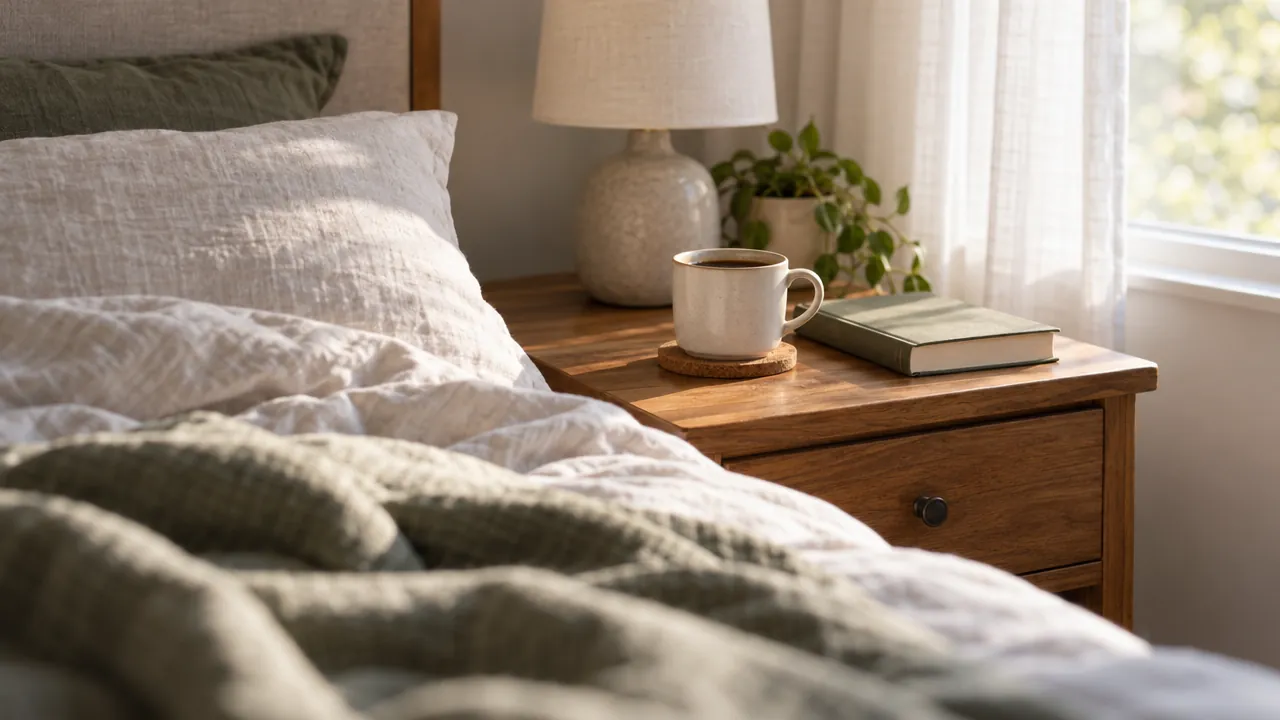 A cup of coffee sits on a bedside table in soft morning light.