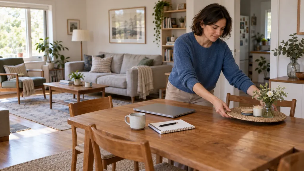 A woman clears part of a tidy dining table to make room for her laptop and notebook.